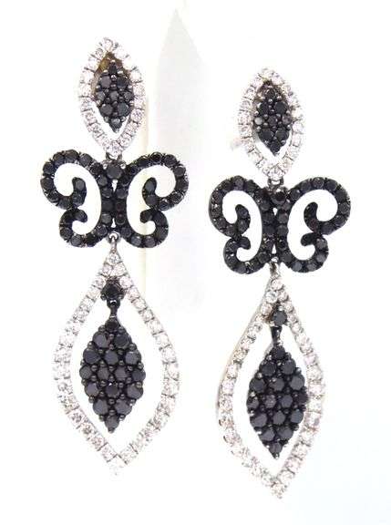 14kt White gold 2ctw black and white diamond dangle earrings