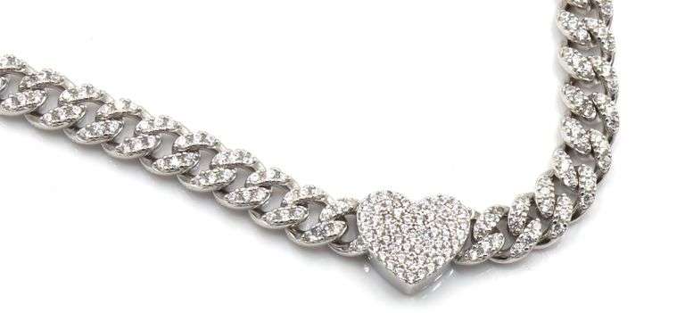 925 Sterling silver Cuban chain cubic zirconia necklace with heart shaped pendant