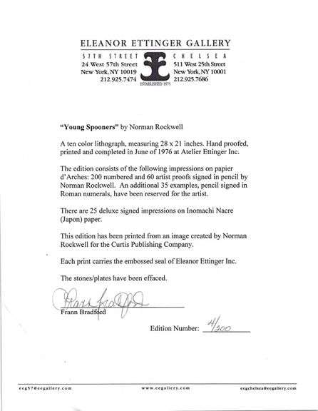 Exclusive Norman Rockwell Signed Limited Edition Lithograph "Young Spooners" with Publishers Certifi