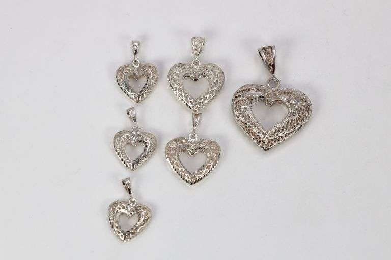 Sterling Silver Vintage Heart Pendant Assortment Various Sizes & Styles (6 Pendant Lot)