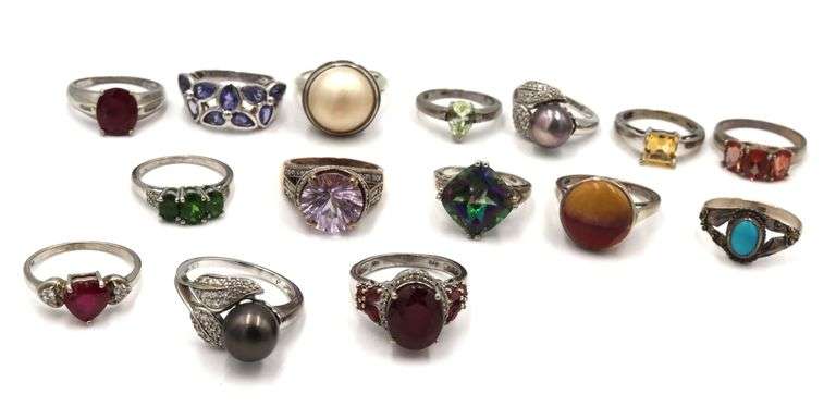 Group lot of 15 vintage 925 sterling silver gemstone rings