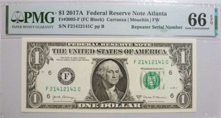 Superb Crisp 2017A $1 Atlanta Repeater Number 21412141 PMG 66 EPQ!
