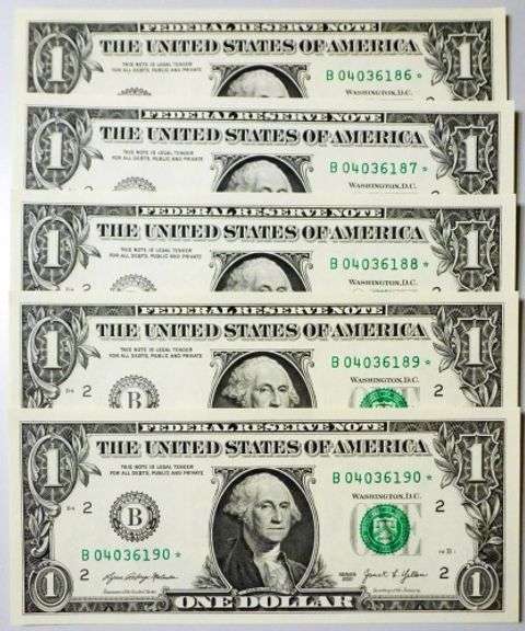 (5) Superb Crisp $1 2021 Star Replacement Notes N.Y.-Consecutive!