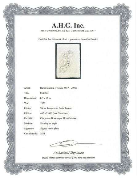 Very rare Henri Matisse etching signed in the plate, C.1920, from the series of Cinquante Dessins