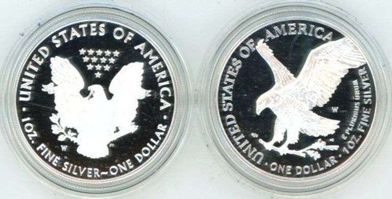 2 Diff. 2021-W Gem Ultra Cameo PRF $1 Silver Eagles. Box/COA