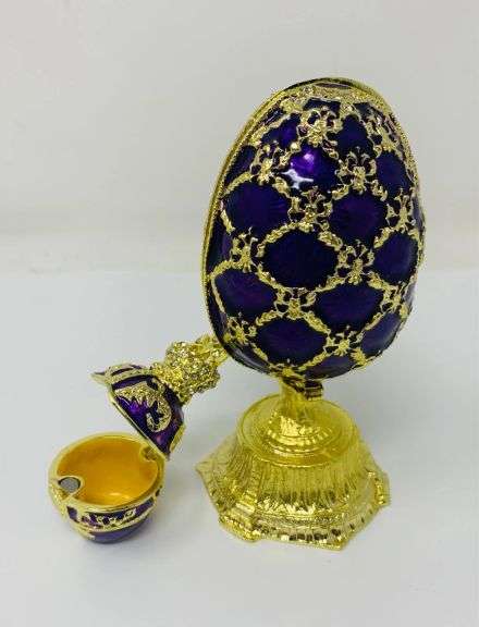 4.5” Purple Fabergé-Style Egg Replica Trinket Box with Nested Crown | Handmade Enamel & Crystal Coll