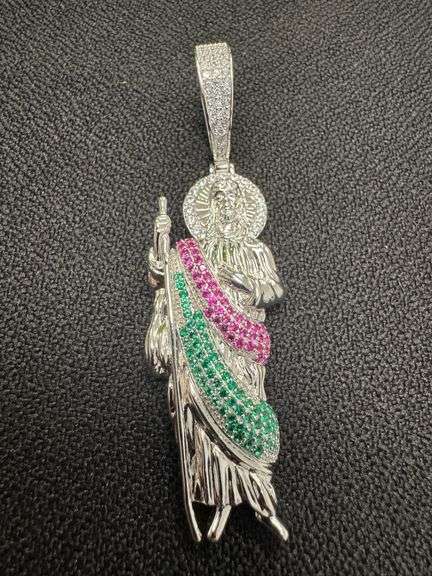 Rhodium Plated 925 Sterling Silver Multi Color CZ St Jude Hip Hop Pendant