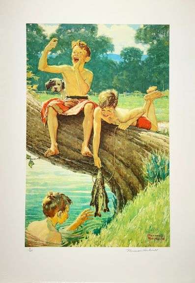 Exclusive Norman Rockwell Signed Limited Edition Lithograph "Three Boys Fishing" with Pubilshers Cer