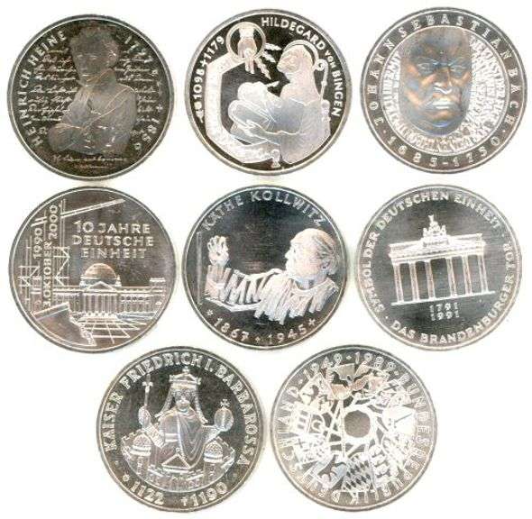 8 Diff. Gem Prooflike BU German SILVER 10 Marks coins from 1988 to 2000