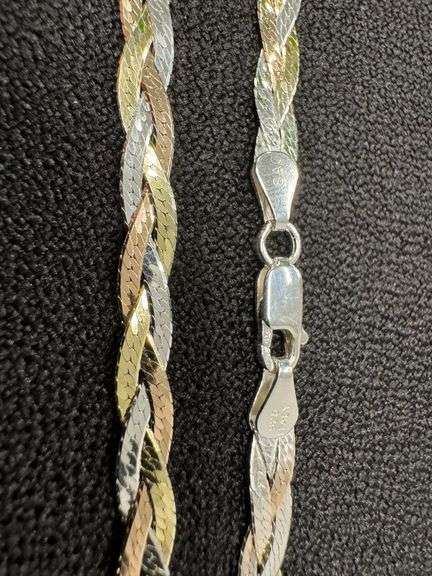 Sterling Silver Tri Colored Braided Herringbone Necklace 5mm 925 Italy Chain 16"