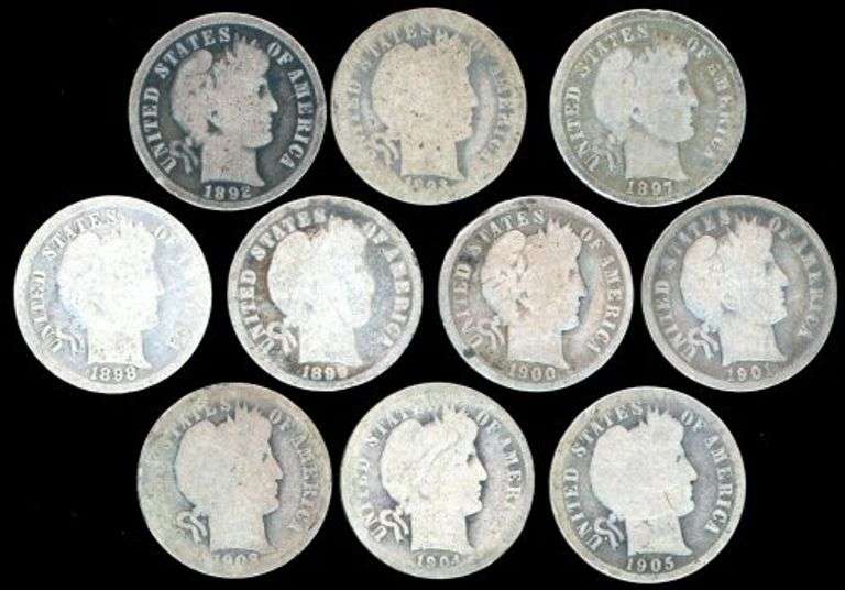 10 Different Barber Silver Dimes: 1892 to 1905-S