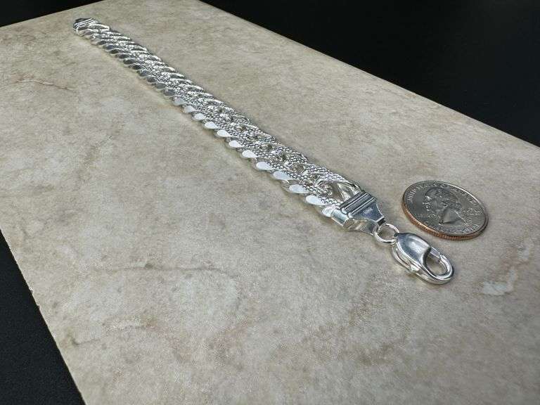 Sterling Silver 16mm Pave Double Curb Chain Cuban Link 925 Italy Bracelet 9"