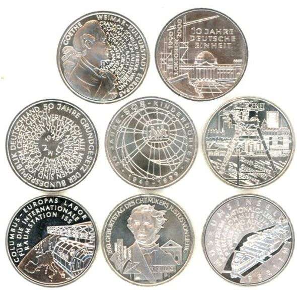 8 Diff. Gem PL BU German SILVER coins: 4 10 Marks SILVER & 4 Diff German 10 Euros