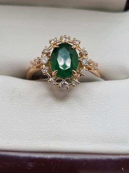Very fine one Emerald ring in silver 14k gold plated with diamond accent