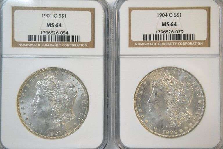 Frosty-white near Gem BU 1901-O & 1904-O Morgan Silver Dollars. NGC MS64