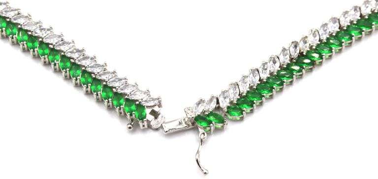 925 Sterling silver leaf style green and white cubic zirconia necklace