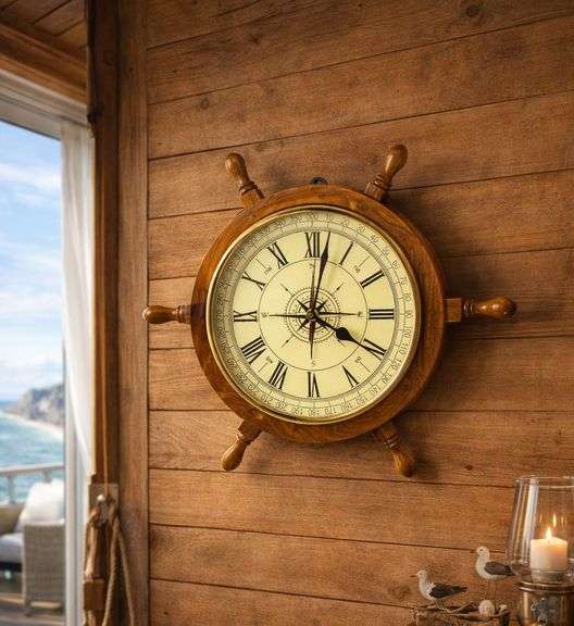 18" Nautical Ship Wheel Clock with Compass