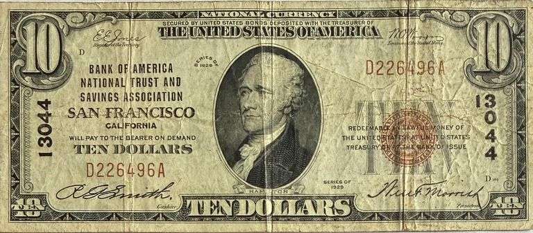 $10 Bank of America San Francisco National Currency 1929 Brown Seal Note