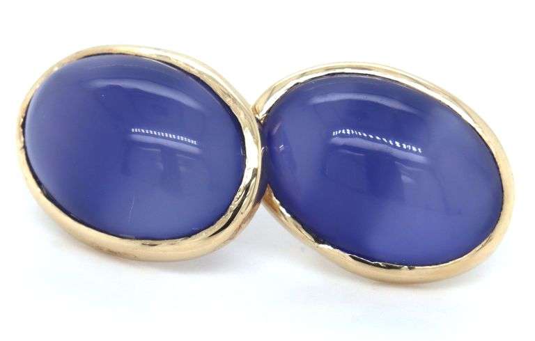 14kt Yellow gold bezel set oval cab Iolite stud earrings