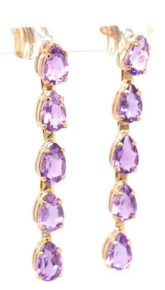 14kt Yellow gold pear shaped amethyst 5 stone drop earrings