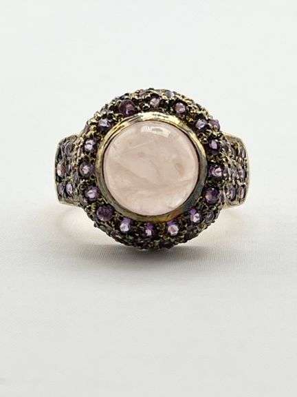 14KT Yellow Gold Cabochon Rose Quartz Center Stone Surrounded By Amethyst Halo Ring