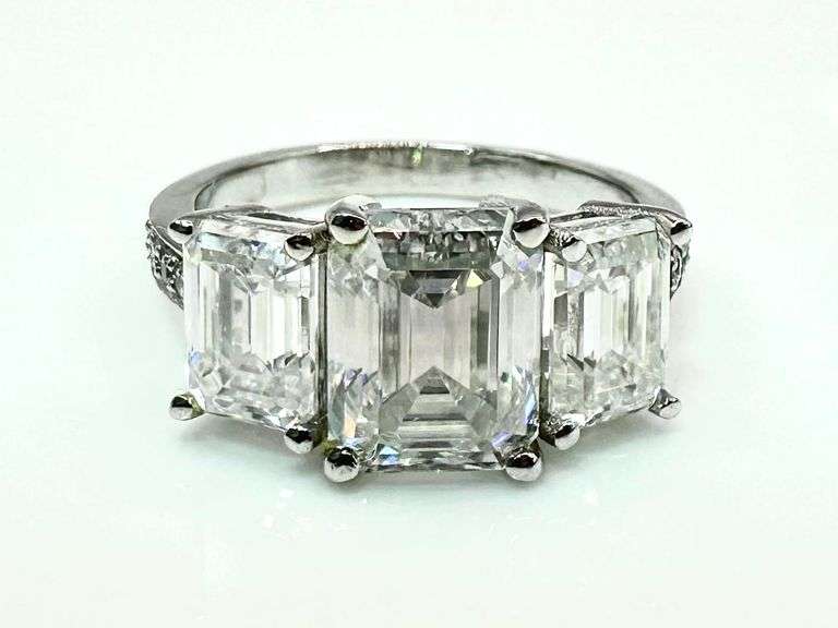 14 Kt. White Gold Plate 5.25 Ctw. 3 Stone Ice White Moissanite Ring
