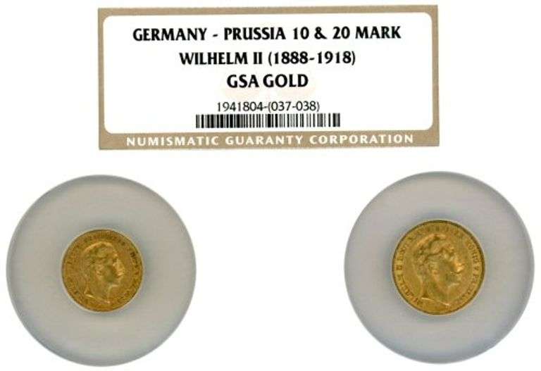 Germany (Prussia) 10 & 20 Mark Gold Pieces. NGC GSA Gold graded
