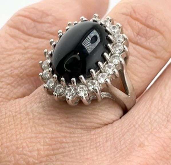 925 Sterling Silver Large Black Onyx With CZ Halo Ring