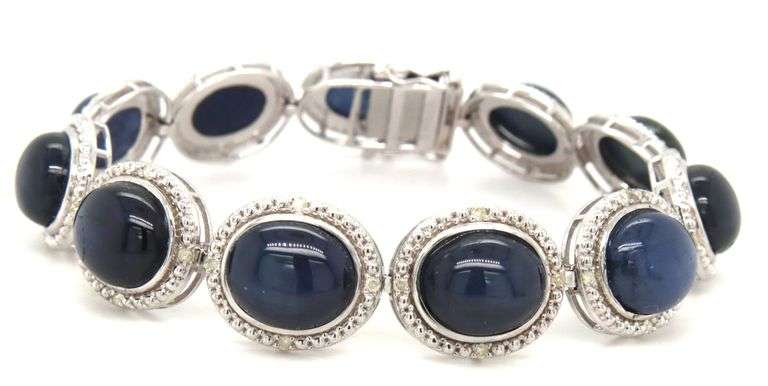 Enamoring 66.06 Oscar Friedman Oval Cabochon-Cut Star Blue Sapphire & Diamond Bracelet in 14K White 