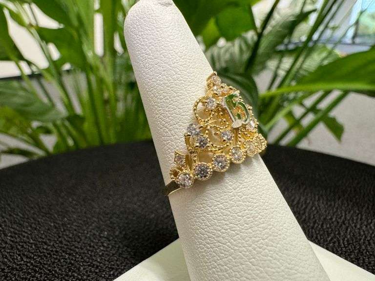 10k Yellow Gold White CZ Tiara Princess Crown Quinceanera 15 Anos Ring Size 7