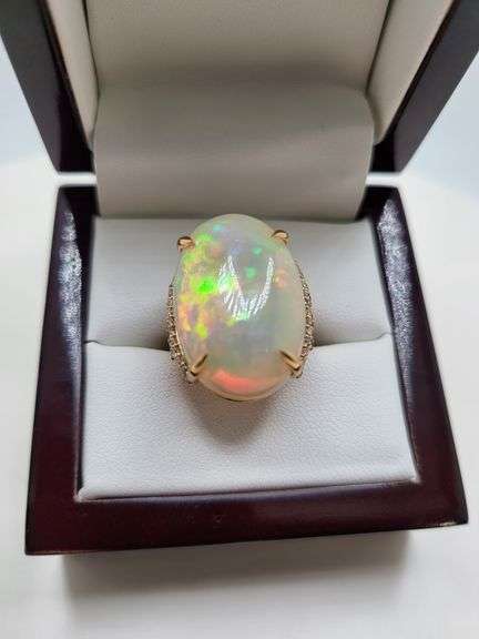 Very fine one Oval Cabochon Opal ring in silver 14k gold plated with diamond accent, 12.29 CTW