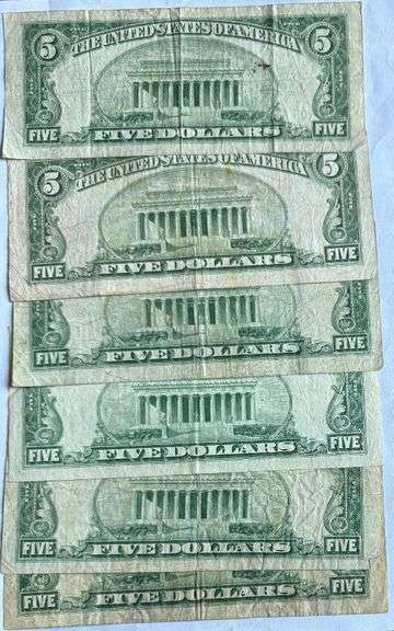 Six Various 1934 1953 Series Circulated $5 Blue Seal Silver Certificates.