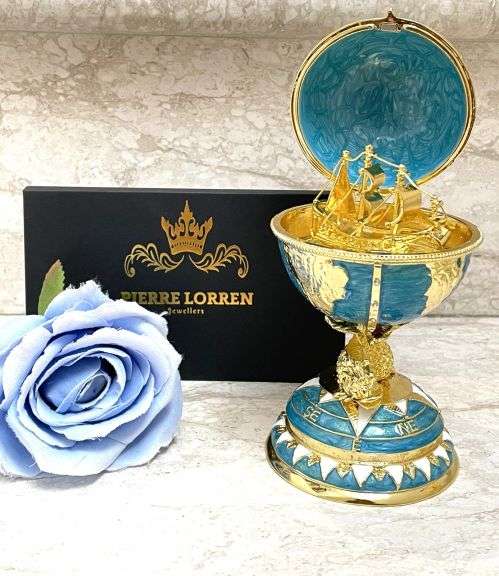 HANDMADE Fabergé-Style Globe Egg Trinket Box – 24K Gold Decor, Austrian Crystal, Sailboat & Twin Fis