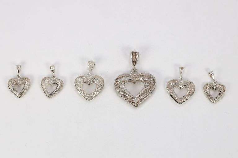 Sterling Silver Vintage Heart Pendant Assortment Various Sizes & Styles (6 Pendant Lot)