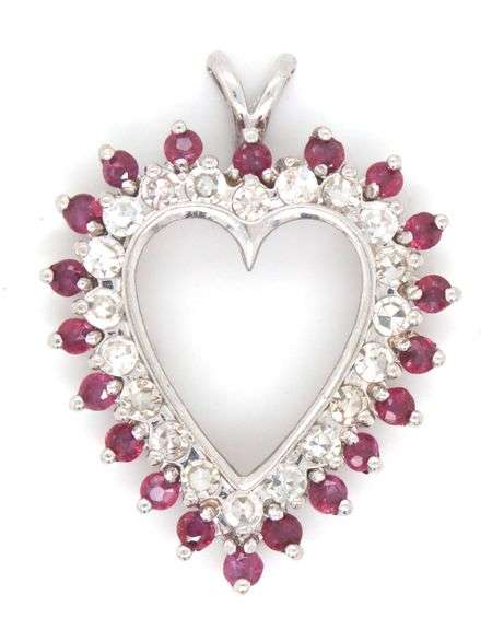Pretty14K WG Ruby and Diamond Heart Pendant