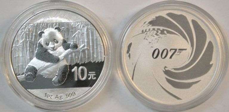 2014 China 1 oz Panda & 2020 1 oz “007”. Both pure .999+ Silver in capsules