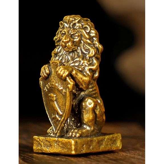 Vintage-Style Brass Guardian Lion with Shield
