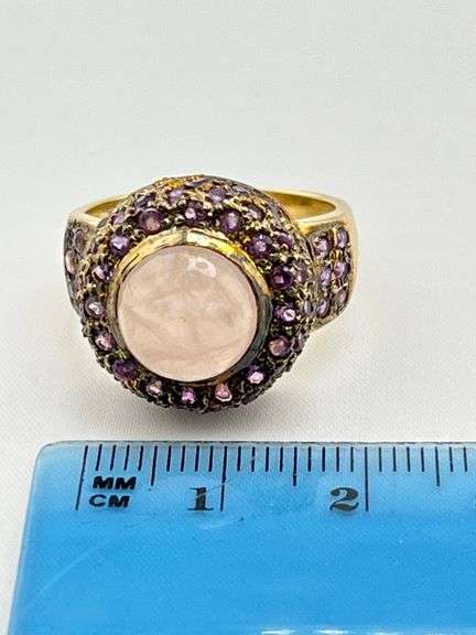 14KT Yellow Gold Cabochon Rose Quartz Center Stone Surrounded By Amethyst Halo Ring