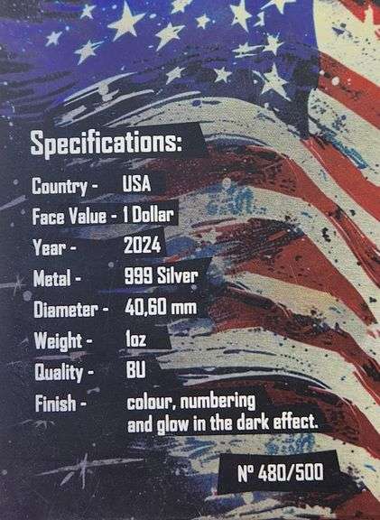 2024 Colorized Silver Eagle, "4th Of July" Glow In The Dark