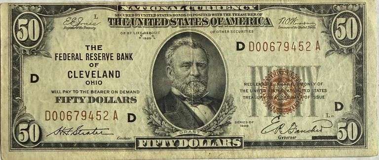 $50 Cleveland Fed Reserve Natl Bank1929 Series Brown Seal Note.