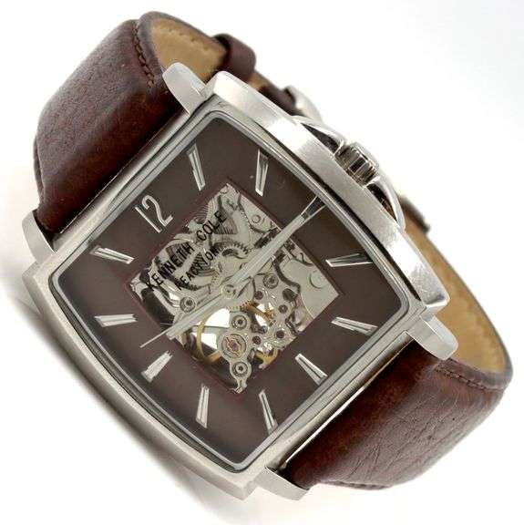 Kenneth Cole Tank Skeleton leather band watch