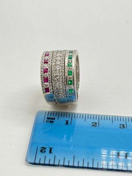 14KT White Gold Attached Eternity Band Set In Ruby, Emerald And Diamond Ring