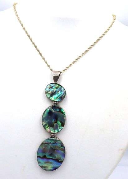 Vintage 925 sterling silver triple drop abalone shell pendant on chain