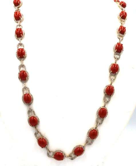 Fantastic 101.44CTW Oval Cabochon-Cut Coral & 7.00CTW Diamond Necklace in 14K Yellow Gold Over Sterl