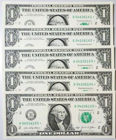 (5) Superb Crisp $1 2021 Star Replacement Notes N.Y.-Consecutive!