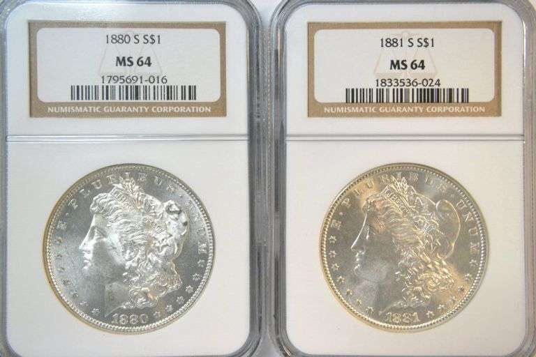 Bright-white near Gem BU 1880-S & 1881-S Morgans Silver Dollars. NGC MS64