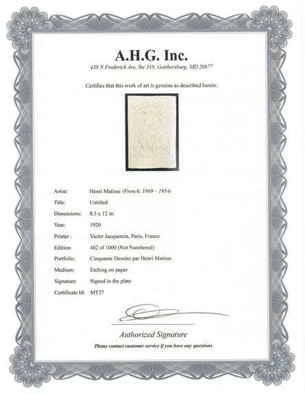 Very rare Henri Matisse etching signed in the plate, C.1920, from the series of Cinquante Dessins