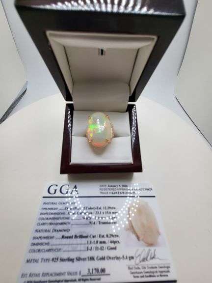 Very fine one Oval Cabochon Opal ring in silver 14k gold plated with diamond accent, 12.29 CTW