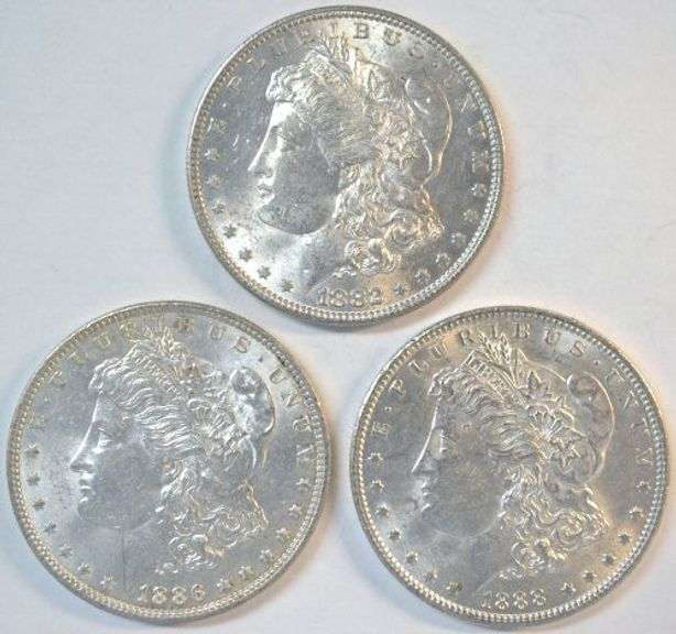 Lustrous BU 1882, 1886, & 1888 'P' Mint Morgan Silver Dollars