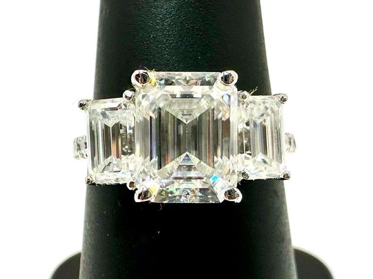 Sparkling 5.5 Ctw 3 Stone Emerald Cut Ice White Fire Moissanite Ring